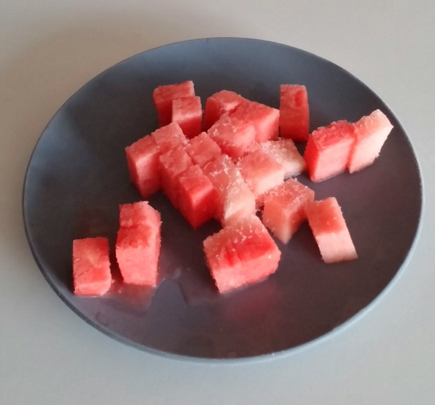 Frozen watermelon cubes. An awesome snack or dessert.