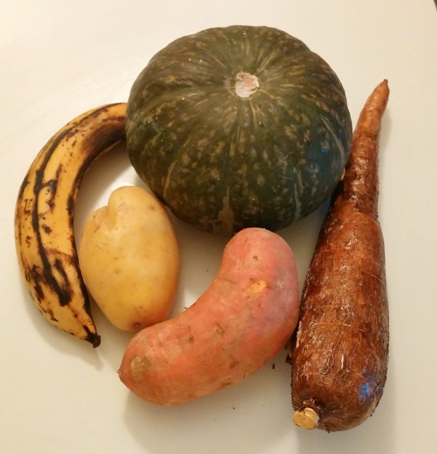The holy quintet. Clockwise from top: kabocha squash, cassava, sweet potato, white potato, yellow plantain.